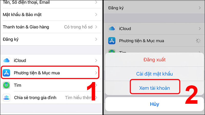 Nhấn chọn thanh Phương tiện & Mục mua sau đó chọn Xem tài khoản